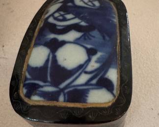 Chinese Lacquered Box with Porcelain Top. Photo 2 of 2.