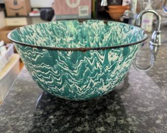 Green Enameled Splatterware Bowl. Photo 1 of 2.