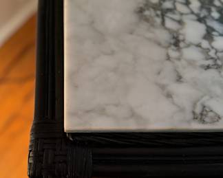 Ebonized Wicker Side Table with Marble Top. Measures 22" x 22" x 22" H. Photo 3 of 3.