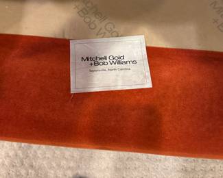 Pair of Mitchell Gold & Bob Williams Barrel Back Club Chairs in Burnt Orange. One Has Slight Blemish (Not A Tear). Each Measures 32" W x 30" D. Photo 4 of 5.