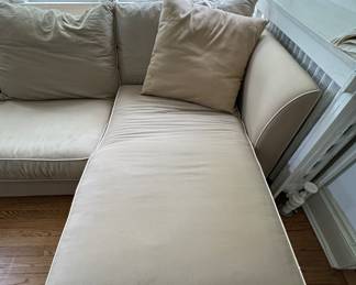 Cotton Upholstered Right Facing Chaise Sofa. Does Need Cleaning or Reupholstering. Measures 109" W. Chaise Measures 6' Deep. Photo 2 of 3.