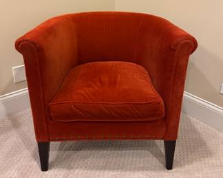 Pair of Mitchell Gold & Bob Williams Barrel Back Club Chairs in Burnt Orange. One Has Slight Blemish (Not A Tear). Each Measures 32" W x 30" D. Photo 1 of 5.
