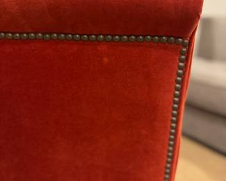 Pair of Mitchell Gold & Bob Williams Barrel Back Club Chairs in Burnt Orange. One Has Slight Blemish (Not A Tear). Each Measures 32" W x 30" D. Photo 2 of 5.