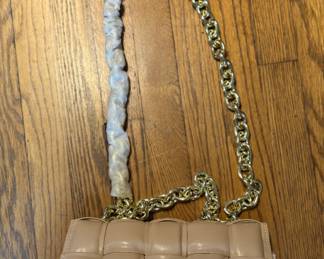 Beige Padded Cassette-Style Bag with Gold Chain.