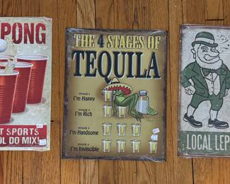 Beer Pong, The Stages of Tequila & Drink More Beer Metal Advertisements.