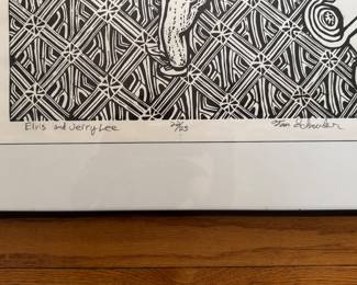 "Elvis & Jerry Lee," Linocut #22/25. Signed by Artist Tom Schneider. Measures Approximately 24" x 28" Overall. Photo 2 of 3.