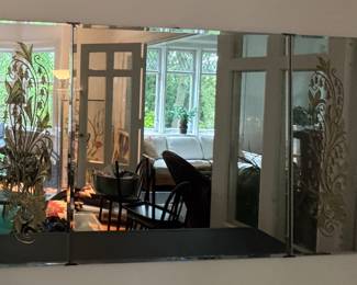 Large Glass Mirror with Etched Flowers. Photo 1 of 2.