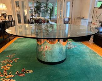Glass-Top Pedestal Table. Base is Vintage Mirrored Drum. Measures 6' D x 29.5" H. Photo 1 of 2.