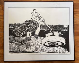 "Snake and Weedeater," Linocut #9/25. Signed by Artist Tom Schneider. Measures Approximately 28" x 24" Overall. Photo 1 of 3.