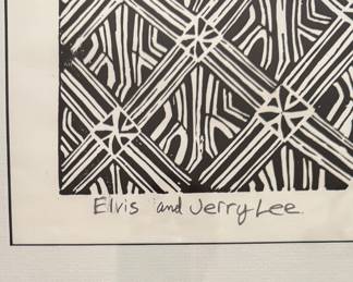"Elvis & Jerry Lee," Linocut #22/25. Signed by Artist Tom Schneider. Measures Approximately 24" x 28" Overall. Photo 3 of 3.