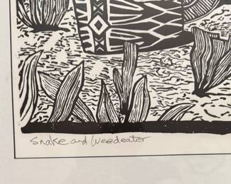 "Snake and Weedeater," Linocut #9/25. Signed by Artist Tom Schneider. Measures Approximately 28" x 24" Overall. Photo 2 of 3.