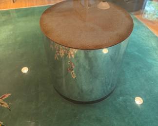 Glass-Top Pedestal Table. Base is Vintage Mirrored Drum. Measures 6' D x 29.5" H. Photo 2 of 2.