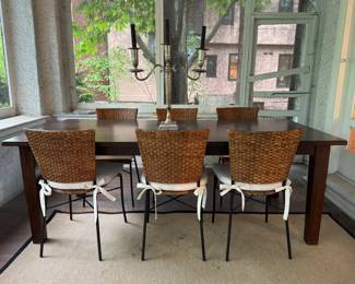 Farm Table Pictured with Set of 6 Raffia Wrapped Metal Dining Chairs. Table Measures 84" L x 42" W x 30" H. Photo 1 of 3.