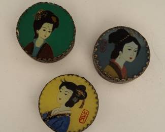 Set of Three Japanese Portrait Lidded Metal Jars.