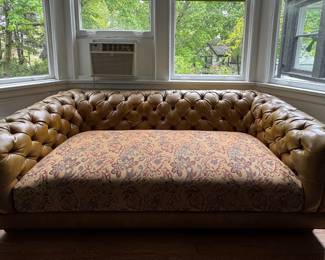 Olive-Green Leather Tufted Back Chesterfield Sofa with Tapestry-Style Fabric Upholstered Cushion. Photo 1 of 3.