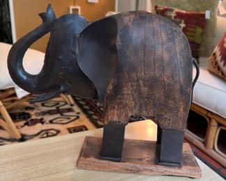 Carved Wood Mixed Media Elephant Statue.