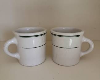 Set of 2 Green Stripe Hotel Coffee Mugs.