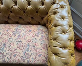 Olive-Green Leather Tufted Back Chesterfield Sofa with Tapestry-Style Fabric Upholstered Cushion. Photo 2 of 3.