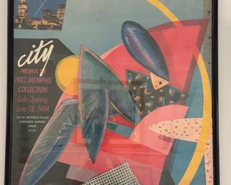 Memphis Milano Exposition Gala Opening Poster for 1983 Memphis Collection. Designed by Christopher Garland with illustration bu Michael Glascott. Measures 23" x 35."