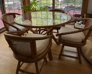Ficks-Reed Mid-Century Bentwood Bamboo Dining Set with 4 Swivel Chairs. Chairs Measures 24" W x 25" D with 18" Seat Height. Table is 48.5" D x 26.5" H. Photo 1 of 3.