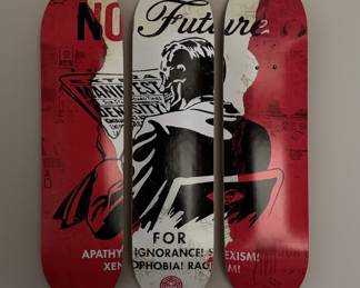 Shepard Fairey "Obey With Caution," Set of 3 Skateboard Decks. Measures 25" x 31" Overall As Hung.