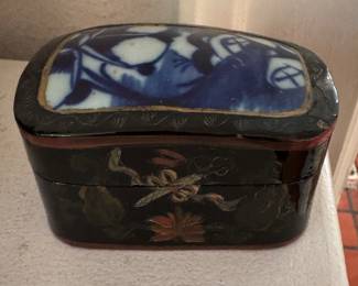 Chinese Lacquered Box with Porcelain Top. Photo 1 of 2.