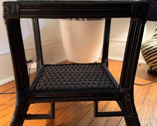 Ebonized Wicker Side Table with Marble Top. Measures 22" x 22" x 22" H. Photo 1 of 3.