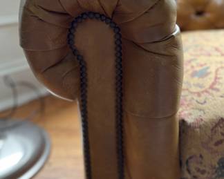Olive-Green Leather Tufted Back Chesterfield Sofa with Tapestry-Style Fabric Upholstered Cushion. Photo 3 of 3.