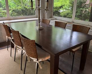 Farm Table Pictured with Set of 6 Raffia Wrapped Metal Dining Chairs. Table Measures 84" L x 42" W x 30" H. Photo 2 of 3.