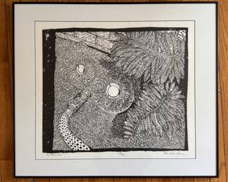 "Garden Hose," Linocut #22/25. Signed by Artist Tom Schneider. Measures Approximately 28" x 24" Overall. Photo 1 of 3.