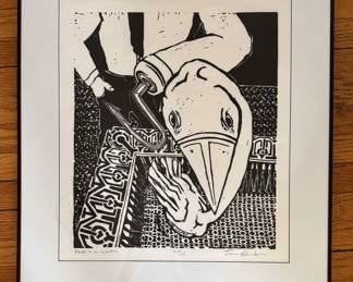 "Hook In A Swan," Linocut #23/25. Signed by Artist Tom Schneider. Measures Approximately 24" x 28" Overall. Photo 1 of 4.
