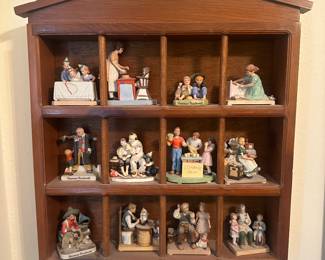 Norman Rockwell Figurine Collectables on Wood Wall Shelf