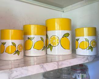 Mid Century Modern Lemon Tin Containers Yellow Lids Made in Japan - Set of 4 -
