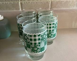 Vintage Libbey 1970s Green & White Patchwork Drinking Glasses - Set of 5 -