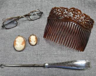 1830's folding glasses, authentic shell antique cameos, celluloid hair comb, sterling handled button hook