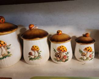 Vintage Sears Mushroom ceramic canister set and two matching mugs