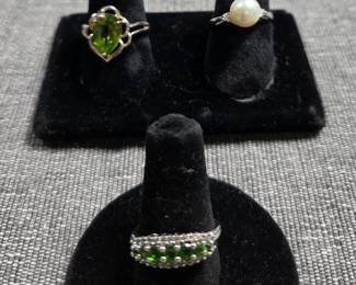 Sterling rings, pearl and peridot