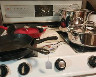 Cuisinart pots and pans, antique and modern cast iron pans