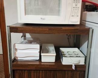 Awesome 1970's microwave cart with modern microwave, kitchen ware