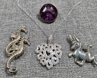 Edwardian glass pin, sterling pins and pendant