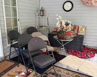 Folding chairs, All Weather 80 gallon resin deck storage box, corner bakers rack