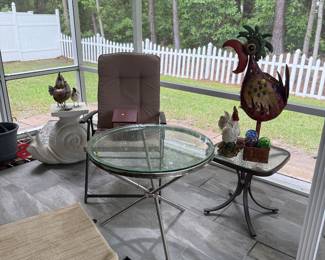 Pair of Chrome and glass tables, chicken decor