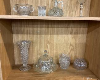 Fostoria Barovier Vase - Anchor Hocking Colonial Butter Dish - Clear Vase - Heisey Prism Puff Dresser Jar