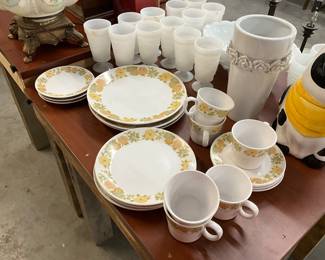 Japan Noritake Progression China "Sunny Side" Pattern Dinnerware & Assorted Milk Glass Items