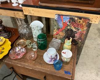 Santana Record Album - Pumpkin Clear Cookie Jar - Clear Paperweights - Pink Depression Glass - Emerald Green Hinged Jar