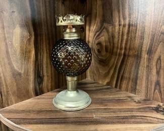 Amber Hobnail Glass & Brass Base Oil Lamp
