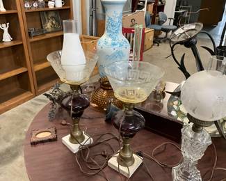 Glass Table Lamps w/Brass & Marble Base