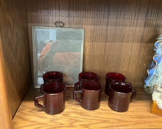 Ruby Red Textured Glass Coffee Hobnail Coffee Cups/Mugs