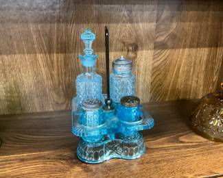 Adams & Co Blue Glass GCastor Cruet Condiment Set 