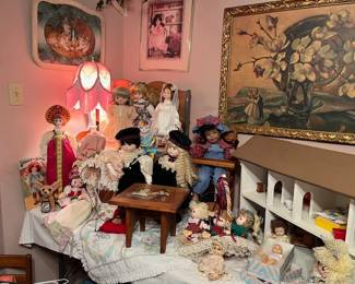 Lots of great dolls, vintage prints, art and great doll house